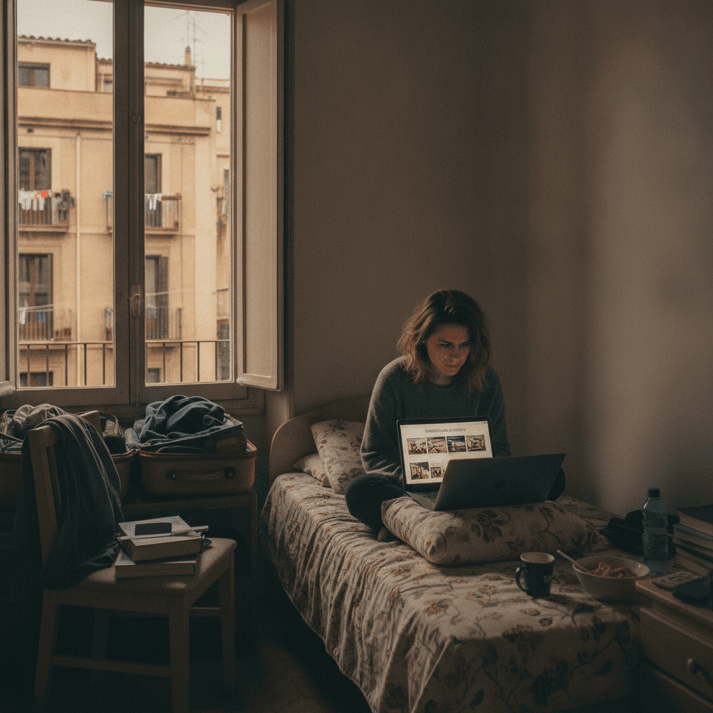 Studente Erasmus in difficoltà nella ricerca di un alloggio a Barcellona, mercato affitti studenteschi competitivo