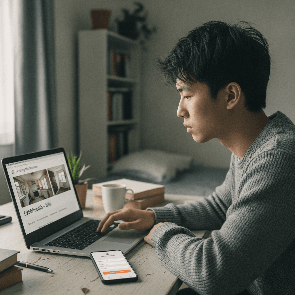 Studente Erasmus controlla annunci di stanze a Madrid sul laptop per evitare truffe affitti