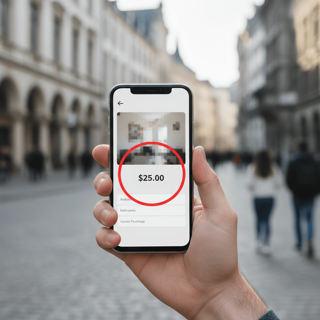 Smartphone con anuncio de alquiler sospechoso a precio demasiado bajo, señal de posible estafa en alquiler Erasmus